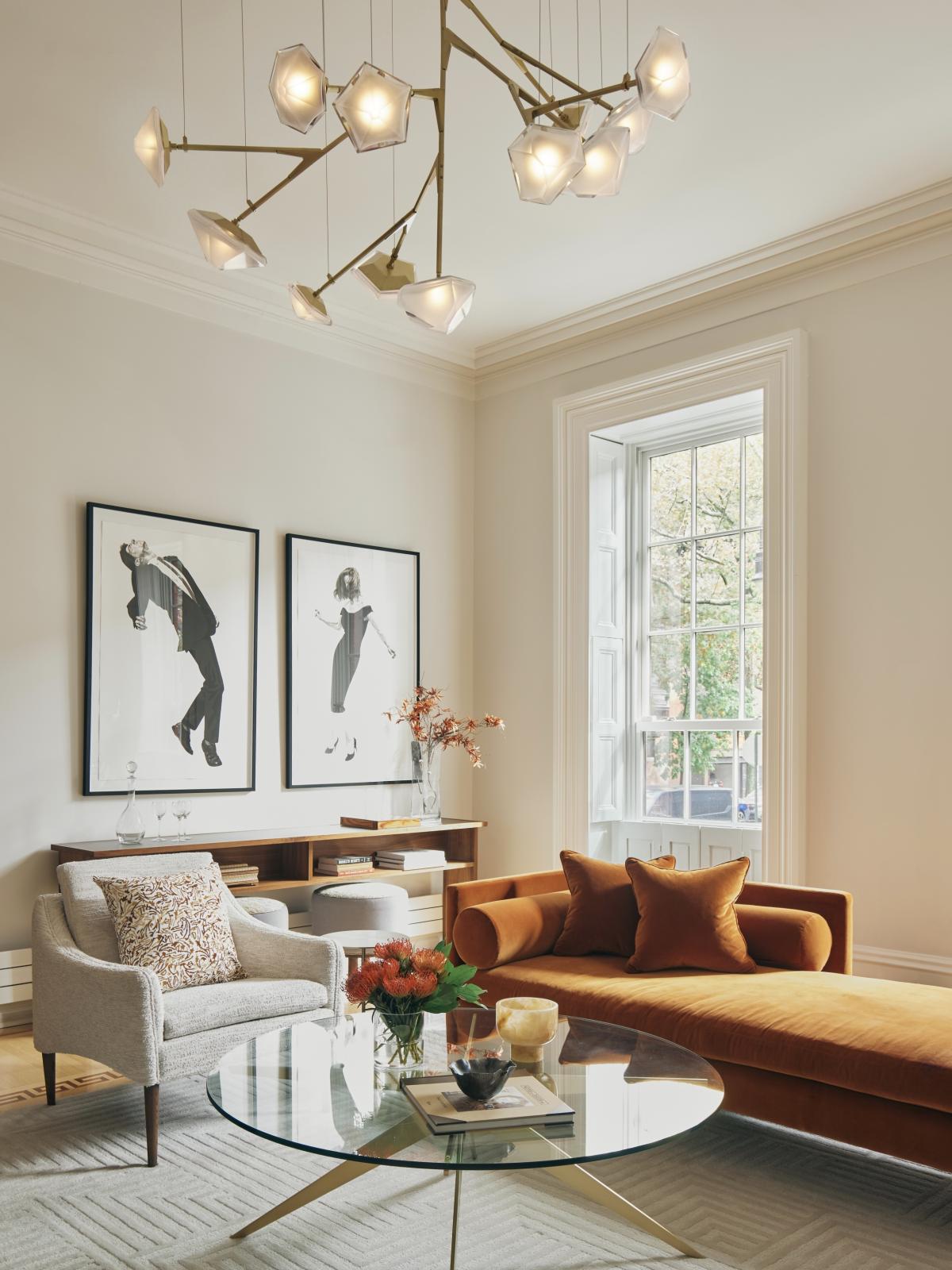 Gabriel Scott’s Myriad brass long chandelier in a contemporary Emma Montgomery Interior Design project.